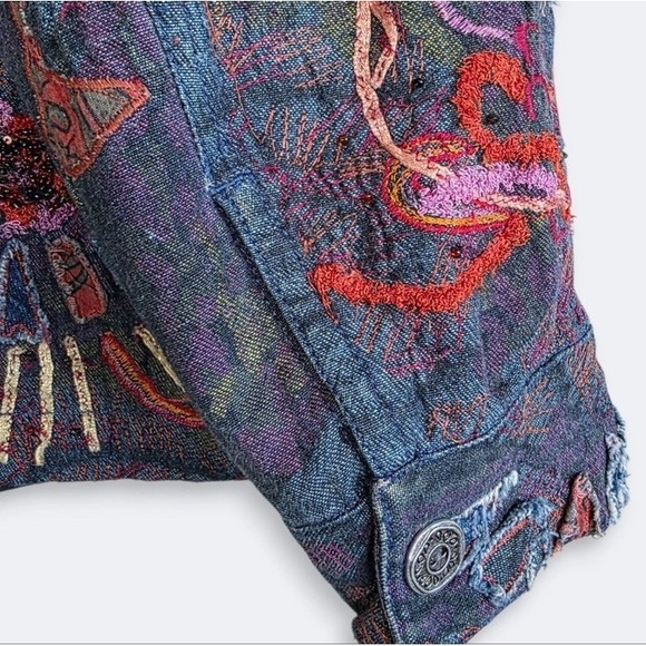 Chico's Denim Embroidered Boho Jacket Wearable Art Beaded Size XL /16 Maximalist - Picture 11 of 13